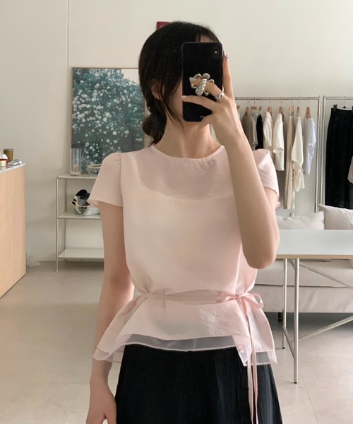 Girly Doll(ガーリードール)の「ダブルヘム紐ベルト付きショートスリーブブラウス(シャツ/ブラウス・レディース・ピンク/ホワイト/ベージュ・FREE)」の16枚目の写真