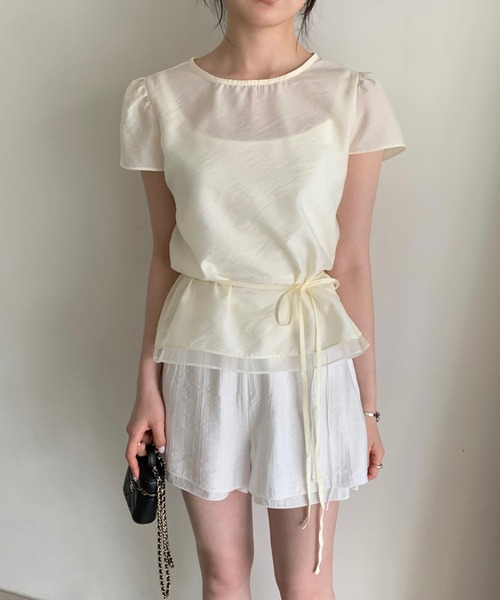 Girly Doll(ガーリードール)の「ダブルヘム紐ベルト付きショートスリーブブラウス(シャツ/ブラウス・レディース・ピンク/ホワイト/ベージュ・FREE)」の7枚目の写真