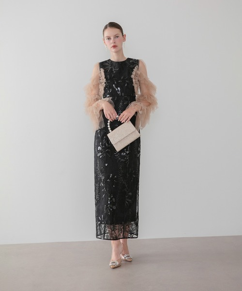 Leja(レジャ)の「【LEJA】チュールフリルボタニカルスパンコールIラインワンピースドレス美脚効果結婚式 パーティードレス 成人式 二次会 同窓会 お呼ばれ オケージョン 20代 30代(ドレス・レディース・ブラック/グレー・SMALL/MEDIUM)」の1枚目の写真