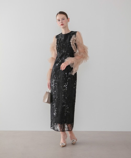 Leja(レジャ)の「【LEJA】チュールフリルボタニカルスパンコールIラインワンピースドレス美脚効果結婚式 パーティードレス 成人式 二次会 同窓会 お呼ばれ オケージョン 20代 30代(ドレス・レディース・ブラック/グレー・SMALL/MEDIUM)」の3枚目の写真