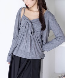 CLEAR BASIC | ラインストーンフロントリボンビスチェ&カットボレロセット［骨格ウェーブ／大人ガーリー／韓国ファッション］(Tシャツ/カットソー)