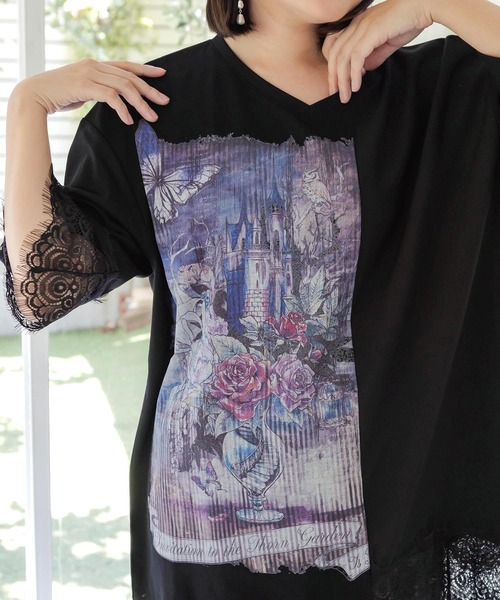 iS ScoLar（イズスカラー）の「563212：ダークファンタジー柄×レース切替プルオーバー（Tシャツ/カットソー・レディース・ブラウン/ブラック/アイボリー・M）」の20枚目の写真