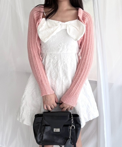 merrylatte(メリーラテ)の「シアーカーディガン付き リボンキャミワンピースセット(ワンピース・レディース・ホワイト×ピンク・FREE)」の2枚目の写真