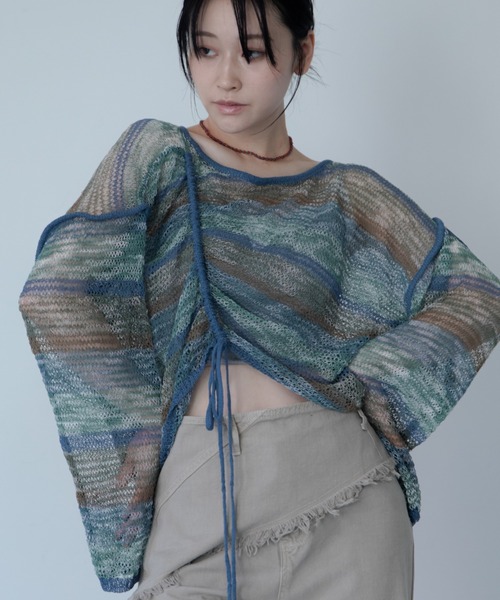 VACANCY(ヴァカンシー)の「【VACANCY公式商品】ドロストアシメ透かし編みシアートップス(ニット/セーター・メンズ・ボルドー/ブルー/ブラック/ピンク・FREE)」の1枚目の写真