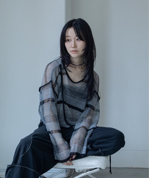 VACANCY(ヴァカンシー)の「【VACANCY公式商品】ドロストアシメ透かし編みシアートップス(ニット/セーター・メンズ・ボルドー/ブルー/ブラック/ピンク・FREE)」の17枚目の写真