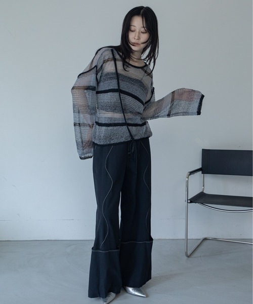 VACANCY(ヴァカンシー)の「【VACANCY公式商品】ドロストアシメ透かし編みシアートップス(ニット/セーター・メンズ・ボルドー/ブルー/ブラック/ピンク・FREE)」の22枚目の写真