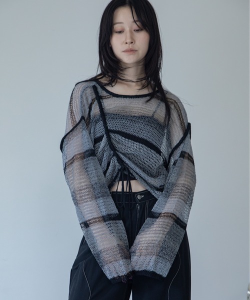 VACANCY(ヴァカンシー)の「【VACANCY公式商品】ドロストアシメ透かし編みシアートップス(ニット/セーター・メンズ・ボルドー/ブルー/ブラック/ピンク・FREE)」の15枚目の写真