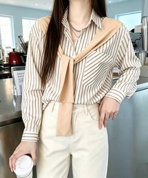 レイヤード風ストライプシャツ胸ポケット服