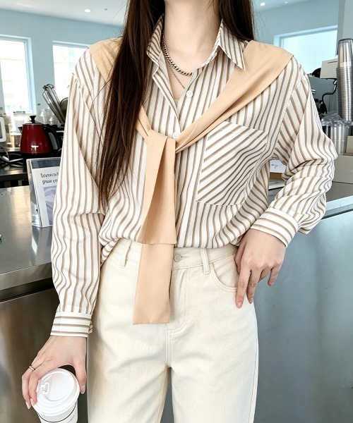 Miniministore（ミニミニストア）の「レイヤード風ストライプシャツ胸ポケット服（シャツ/ブラウス・レディース・グリーン/ベージュ/ネイビー/グレー・FREE）」の3枚目の写真