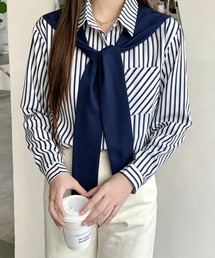 レイヤード風ストライプシャツ胸ポケット服
