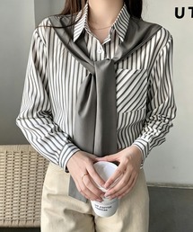 レイヤード風ストライプシャツ胸ポケット服