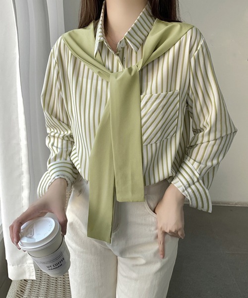 Miniministore（ミニミニストア）の「レイヤード風ストライプシャツ胸ポケット服（シャツ/ブラウス・レディース・グリーン/ベージュ/ネイビー/グレー・FREE）」の4枚目の写真