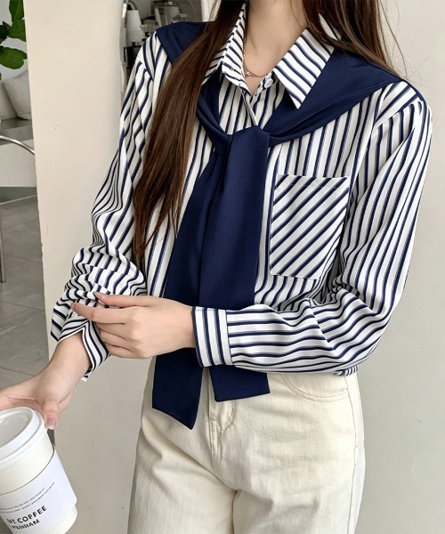 Miniministore（ミニミニストア）の「レイヤード風ストライプシャツ胸ポケット服（シャツ/ブラウス・レディース・グリーン/ベージュ/ネイビー/グレー・FREE）」の15枚目の写真