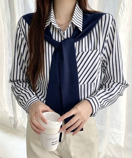 Miniministore（ミニミニストア）の「レイヤード風ストライプシャツ胸ポケット服（シャツ/ブラウス・レディース・グリーン/ベージュ/ネイビー/グレー・FREE）」の16枚目の写真