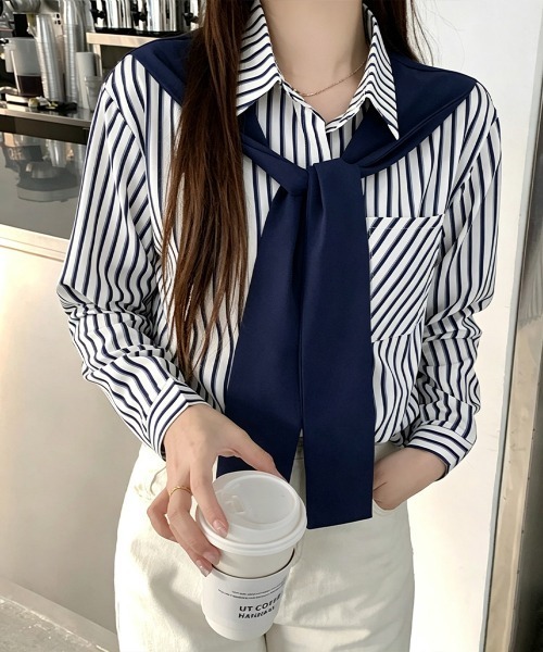 Miniministore（ミニミニストア）の「レイヤード風ストライプシャツ胸ポケット服（シャツ/ブラウス・レディース・グリーン/ベージュ/ネイビー/グレー・FREE）」の14枚目の写真