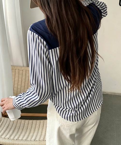 Miniministore（ミニミニストア）の「レイヤード風ストライプシャツ胸ポケット服（シャツ/ブラウス・レディース・グリーン/ベージュ/ネイビー/グレー・FREE）」の5枚目の写真