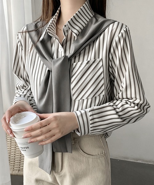 Miniministore（ミニミニストア）の「レイヤード風ストライプシャツ胸ポケット服（シャツ/ブラウス・レディース・グリーン/ベージュ/ネイビー/グレー・FREE）」の6枚目の写真
