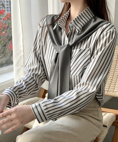 Miniministore（ミニミニストア）の「レイヤード風ストライプシャツ胸ポケット服（シャツ/ブラウス・レディース・グリーン/ベージュ/ネイビー/グレー・FREE）」の7枚目の写真