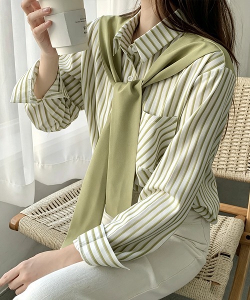 Miniministore（ミニミニストア）の「レイヤード風ストライプシャツ胸ポケット服（シャツ/ブラウス・レディース・グリーン/ベージュ/ネイビー/グレー・FREE）」の11枚目の写真