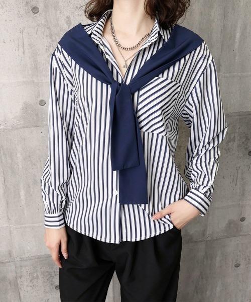Miniministore（ミニミニストア）の「レイヤード風ストライプシャツ胸ポケット服（シャツ/ブラウス・レディース・グリーン/ベージュ/ネイビー/グレー・FREE）」の13枚目の写真