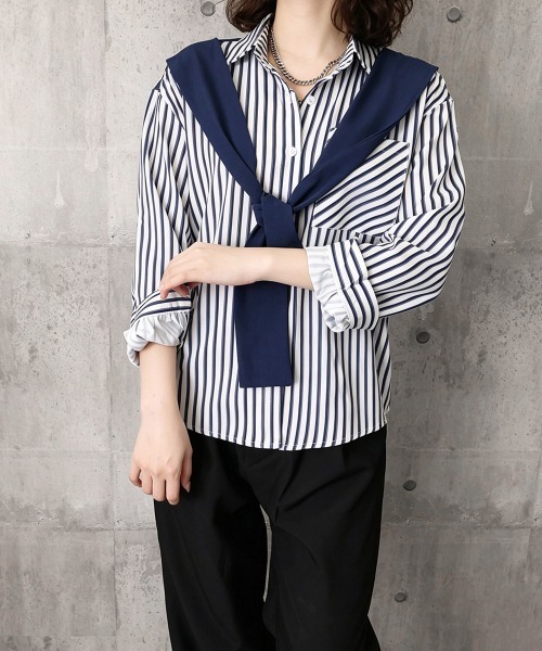 Miniministore（ミニミニストア）の「レイヤード風ストライプシャツ胸ポケット服（シャツ/ブラウス・レディース・グリーン/ベージュ/ネイビー/グレー・FREE）」の18枚目の写真