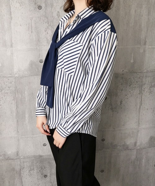 Miniministore（ミニミニストア）の「レイヤード風ストライプシャツ胸ポケット服（シャツ/ブラウス・レディース・グリーン/ベージュ/ネイビー/グレー・FREE）」の19枚目の写真