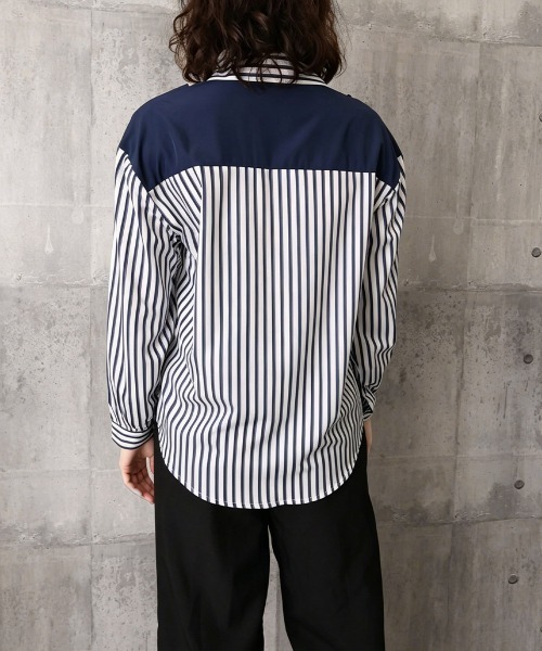 Miniministore（ミニミニストア）の「レイヤード風ストライプシャツ胸ポケット服（シャツ/ブラウス・レディース・グリーン/ベージュ/ネイビー/グレー・FREE）」の20枚目の写真