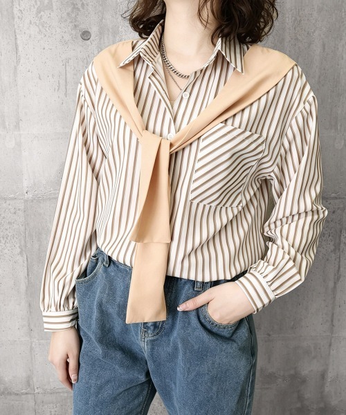 Miniministore（ミニミニストア）の「レイヤード風ストライプシャツ胸ポケット服（シャツ/ブラウス・レディース・グリーン/ベージュ/ネイビー/グレー・FREE）」の21枚目の写真