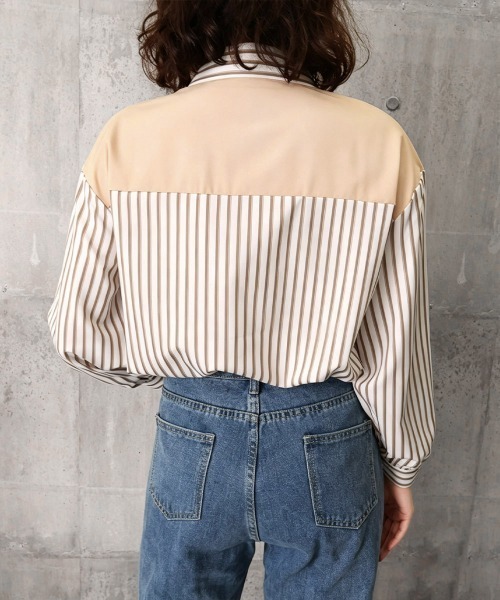 Miniministore（ミニミニストア）の「レイヤード風ストライプシャツ胸ポケット服（シャツ/ブラウス・レディース・グリーン/ベージュ/ネイビー/グレー・FREE）」の22枚目の写真