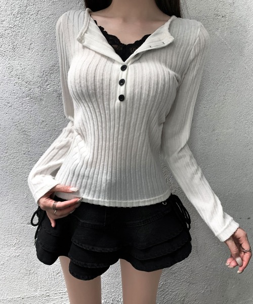 VEILA(ヴェイラ)の「レイヤードヘンリーネックニット(ニット/セーター・レディース・ホワイト/ブラック/グレー・S/M/L)」の4枚目の写真