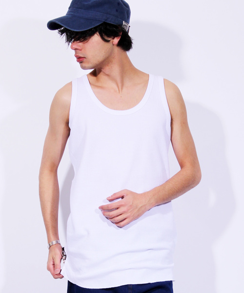 ８(eight)（エイト）の「ワッフル ロング丈 タンクトップ サーマル（タンクトップ・メンズ・グレー/ホワイト/ブラック/カーキ・MEDIUM/X-LARGE/LARGE）」の2枚目の写真