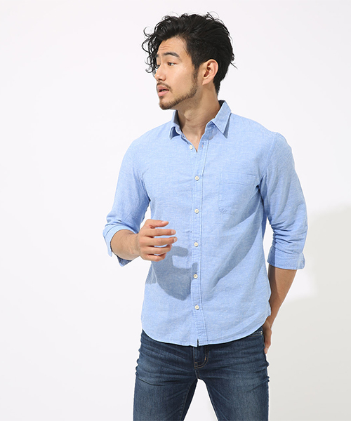 AZUL by moussy（アズールバイマウジー）の「リネンコットン七分袖シャツ（シャツ/ブラウス・メンズ・サックスブルー/オフホワイト/ネイビー/ライトカーキ/ライトブラック/ライトピンク・MEDIUM/SMALL/LARGE/X-SMALL/X-LARGE）」の10枚目の写真