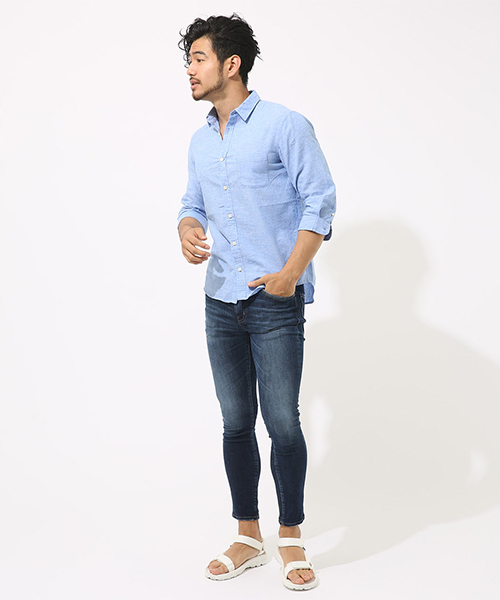 AZUL by moussy（アズールバイマウジー）の「リネンコットン七分袖シャツ（シャツ/ブラウス・メンズ・サックスブルー/オフホワイト/ネイビー/ライトカーキ/ライトブラック/ライトピンク・MEDIUM/SMALL/LARGE/X-SMALL/X-LARGE）」の11枚目の写真