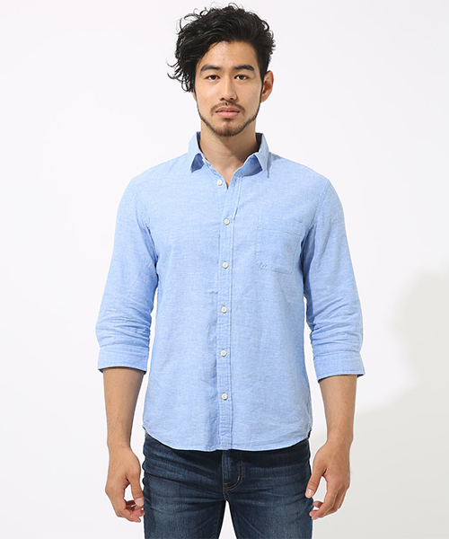 AZUL by moussy（アズールバイマウジー）の「リネンコットン七分袖シャツ（シャツ/ブラウス・メンズ・サックスブルー/オフホワイト/ネイビー/ライトカーキ/ライトブラック/ライトピンク・MEDIUM/SMALL/LARGE/X-SMALL/X-LARGE）」の12枚目の写真