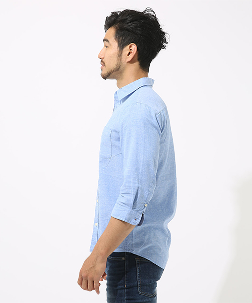 AZUL by moussy（アズールバイマウジー）の「リネンコットン七分袖シャツ（シャツ/ブラウス・メンズ・サックスブルー/オフホワイト/ネイビー/ライトカーキ/ライトブラック/ライトピンク・MEDIUM/SMALL/LARGE/X-SMALL/X-LARGE）」の13枚目の写真