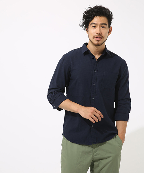 AZUL by moussy（アズールバイマウジー）の「リネンコットン七分袖シャツ（シャツ/ブラウス・メンズ・サックスブルー/オフホワイト/ネイビー/ライトカーキ/ライトブラック/ライトピンク・MEDIUM/SMALL/LARGE/X-SMALL/X-LARGE）」の18枚目の写真