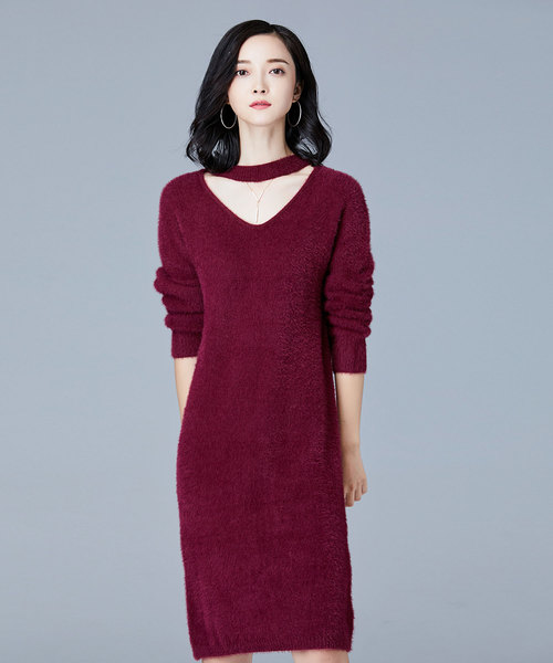 SAISON DE PAPILLON(セゾンドパピヨン)の「Vネックチョーカー風デザインシャギーニットワンピース(ワンピース・レディース・ネイビー/ブラウン/ワインレッド・M/L)」の22枚目の写真
