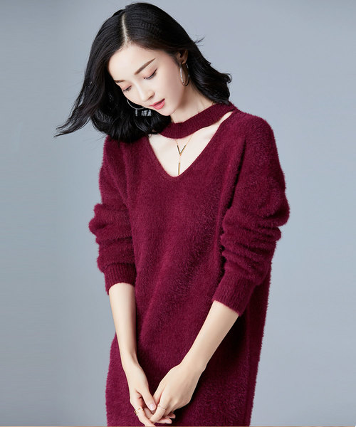 SAISON DE PAPILLON(セゾンドパピヨン)の「Vネックチョーカー風デザインシャギーニットワンピース(ワンピース・レディース・ネイビー/ブラウン/ワインレッド・M/L)」の6枚目の写真