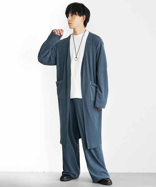 メンズ服 MinoriTY】もちもち素材ノーカラーロングカーディガン+ワイドイージー