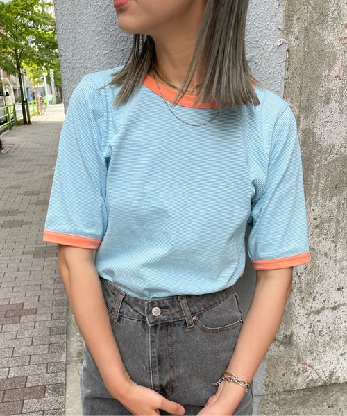 feepur（フェピュール）の「配色パイピング細ボーダーTee（Tシャツ/カットソー・レディース・ブラック/ブルー/クリーム/ブルーグレー・MEDIUM）」の4枚目の写真