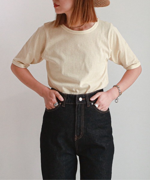 feepur（フェピュール）の「配色パイピング細ボーダーTee（Tシャツ/カットソー・レディース・ブラック/ブルー/クリーム/ブルーグレー・MEDIUM）」の3枚目の写真