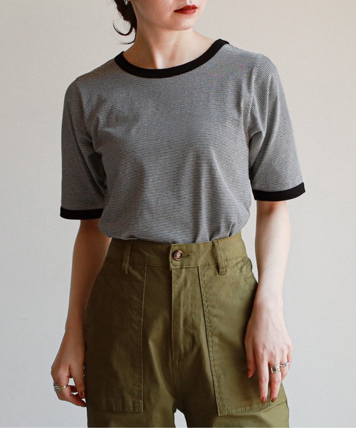 feepur（フェピュール）の「配色パイピング細ボーダーTee（Tシャツ/カットソー・レディース・ブラック/ブルー/クリーム/ブルーグレー・MEDIUM）」の9枚目の写真