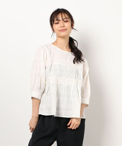 Samansa Mos2(サマンサ モスモス)の「シャドーチェックレース刺繍ブラウス(シャツ/ブラウス・レディース・ダークブラウン/オフホワイト/モカ・フリ-)」の6枚目の写真