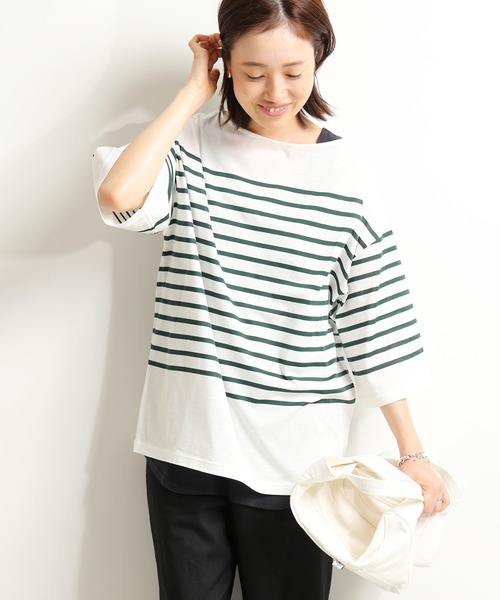 SLOBE IENA（スローブイエナ）の「パネルボーダーハーフスリーブプルオーバー【手洗い可能】◆（Tシャツ/カットソー・レディース・ブラック/グレー/グリーン・FREE）」の21枚目の写真