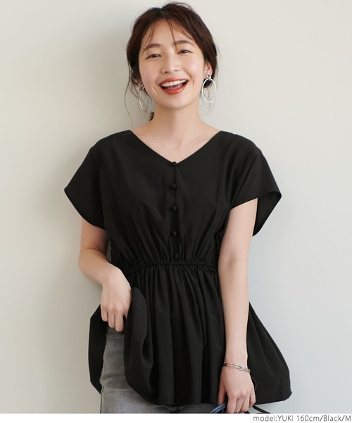 coca(coca)(コカ)の「Vネックギャザーフレンチスリーブトップス(シャツ/ブラウス・レディース・ブラック/グレー系その他・M/L)」の15枚目の写真