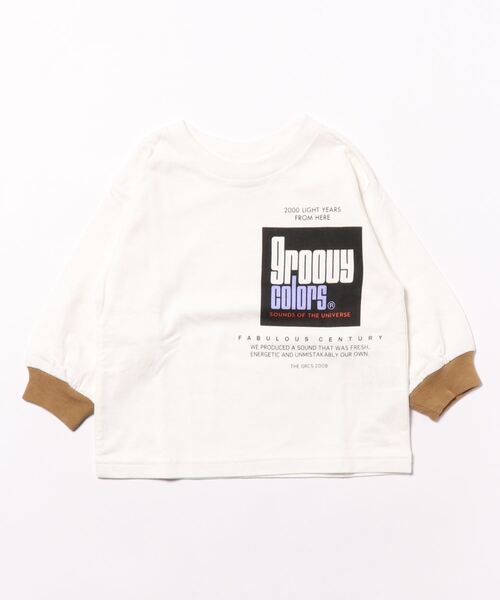 GROOVY COLORS(グルービーカラーズ)の「天竺 BOX ロゴ BAT WING 長袖 Tシャツ(Tシャツ/カットソー・キッズ・カーキ/ベージュ・90/100/110/120)」の1枚目の写真
