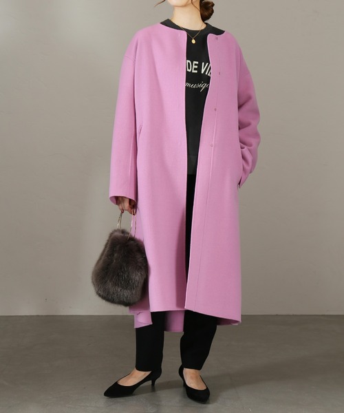 La TOTALITE(ラトータリテ)の「ウールナイロンリバーバックフレアコート◆(ノーカラーコート・レディース・グレー/ピンク/ナチュラル・34/36/38)」の3枚目の写真