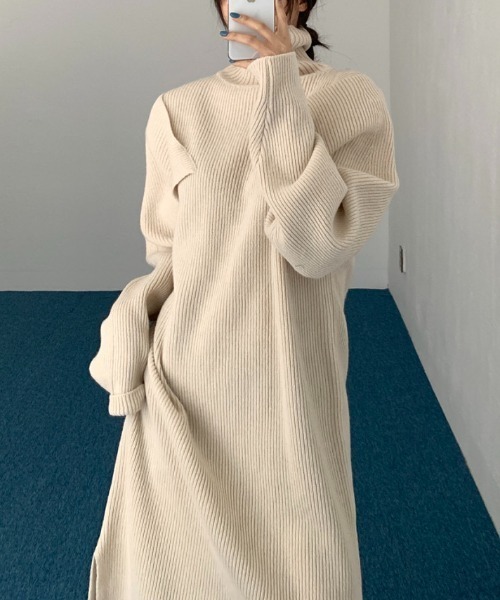 セール】【袖取り外し可】ハイネックリブニットロングワンピース  