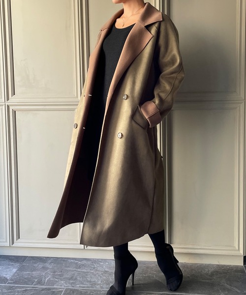 JUNOAH（ジュノア）の「スエード調ダブルチェスターコート（チェスターコート・レディース・ブラック/ブラウン/ライトベージュ/ダークベージュ・MEDIUM/LARGE/X-LARGE）」の4枚目の写真