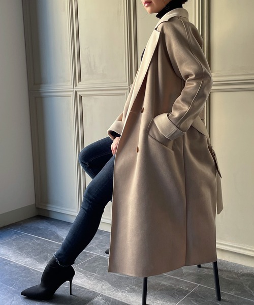 JUNOAH（ジュノア）の「スエード調ダブルチェスターコート（チェスターコート・レディース・ブラック/ブラウン/ライトベージュ/ダークベージュ・MEDIUM/LARGE/X-LARGE）」の14枚目の写真